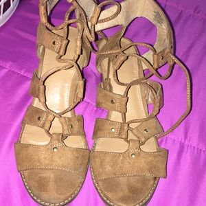 Dark tan lace up heels for @pdunphy23